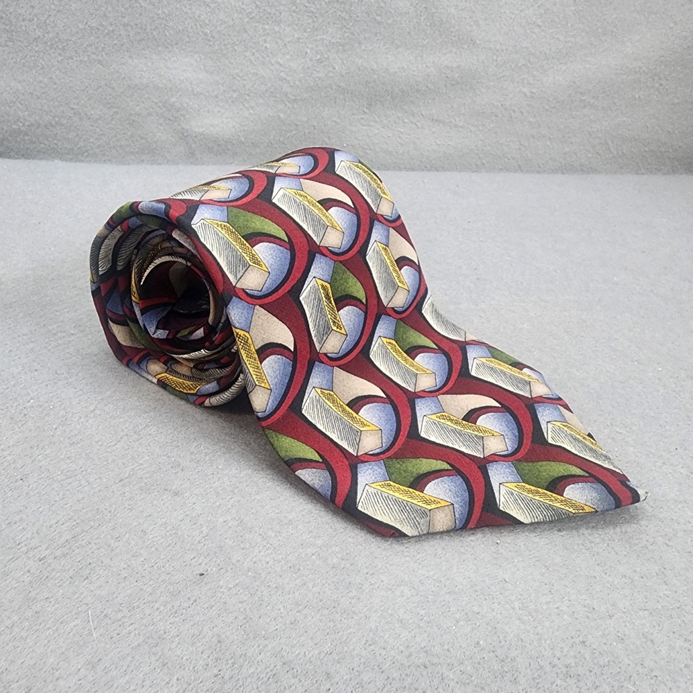 J. Garcia Necktie Burgundy Blue Geometric Abstract Silk Mens OS